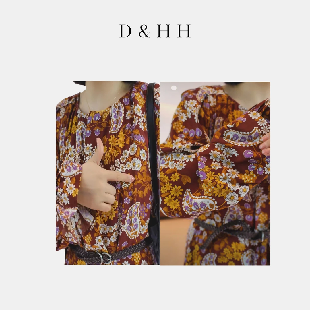 D&HH【腰果花】25款复古印花连衣裙长袖连衣裙女0542
