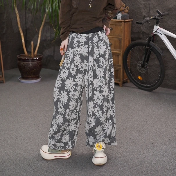 2025早秋新品大码设计感复古提花新中式休闲裤女QQ