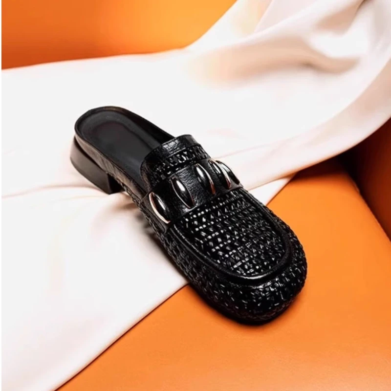 设计感小众编织镂空包头凉拖鞋女2025夏季新款外穿圆头粗跟穆勒鞋