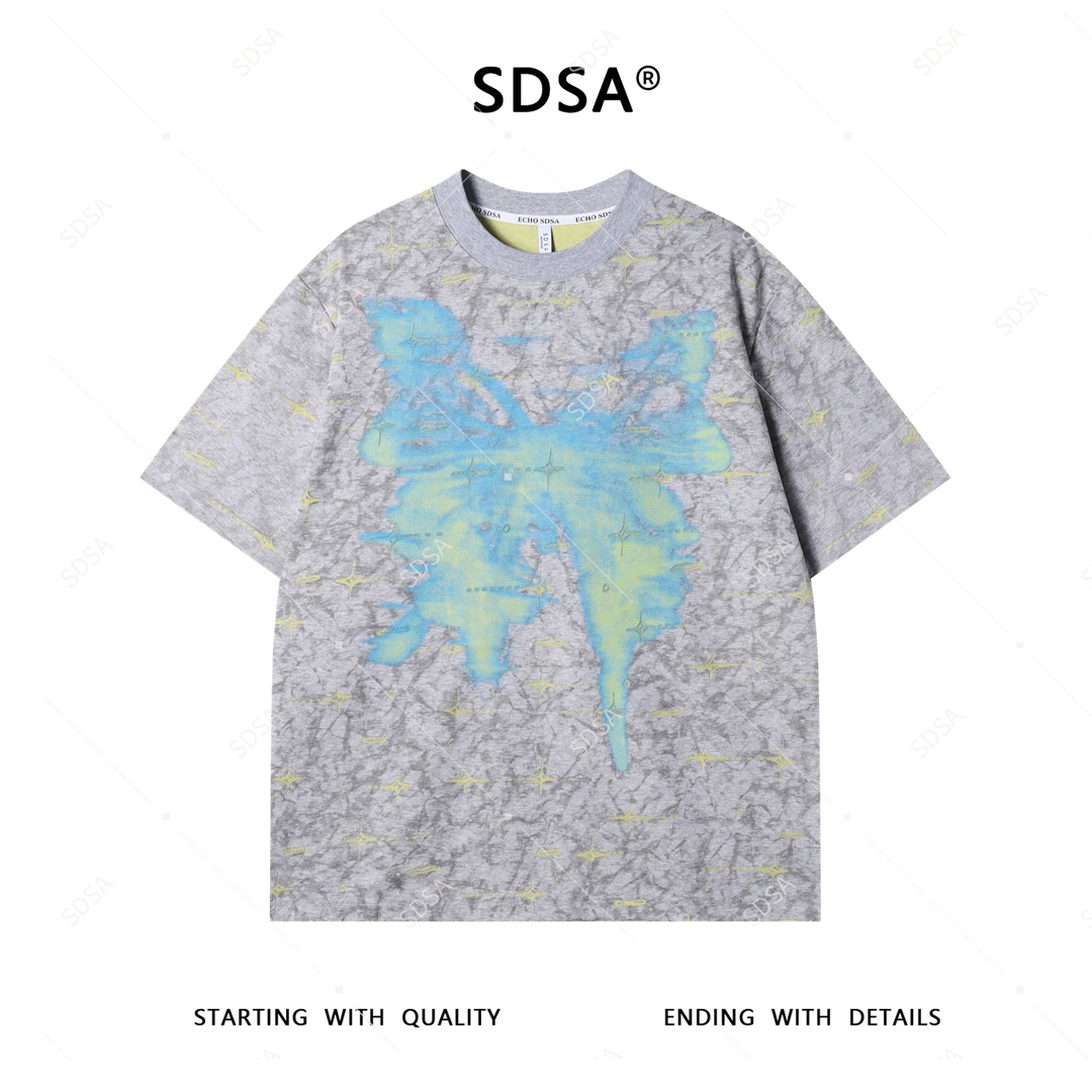 SDSA夏季新款男士痞帅撞色割破印花设计圆领短袖T恤百搭时尚上衣