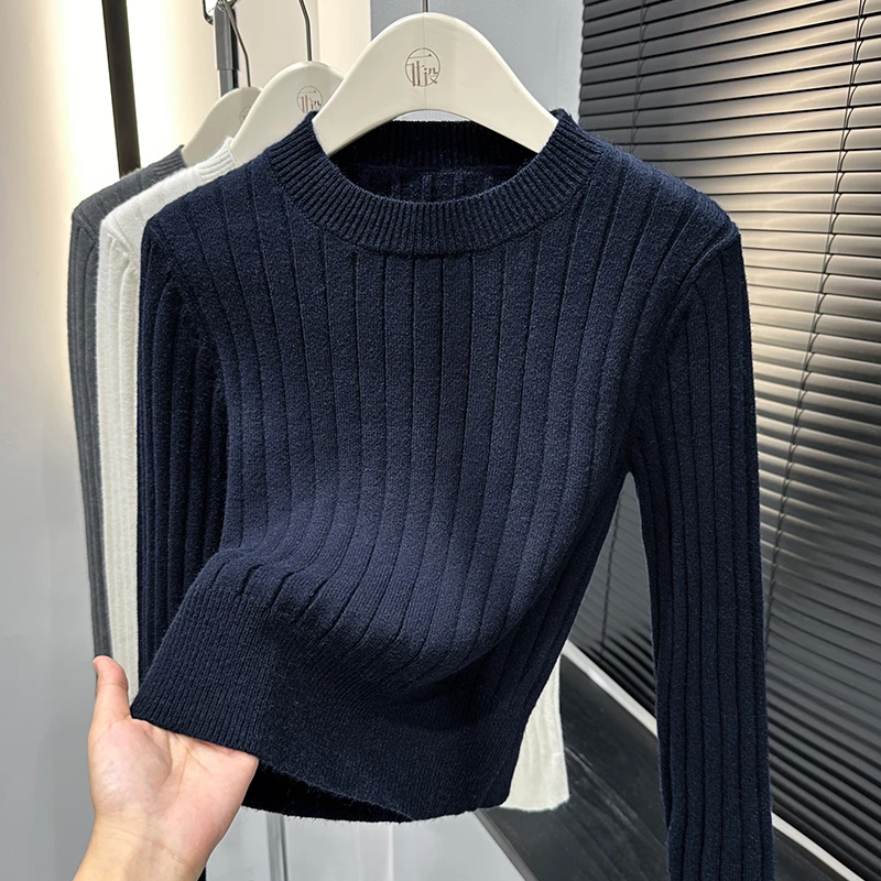 藏青色时髦感圆领针织衫女秋冬新款舒适显白上衣气质长袖微弹内搭