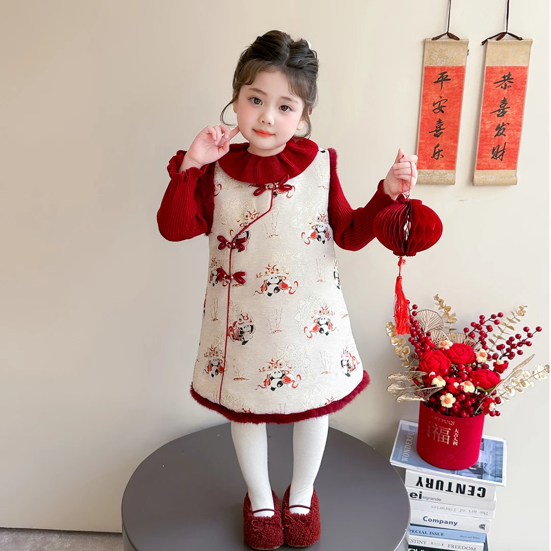 女童拜年服女宝宝周岁礼服女孩冬季2025新款加绒中式国风连衣裙冬