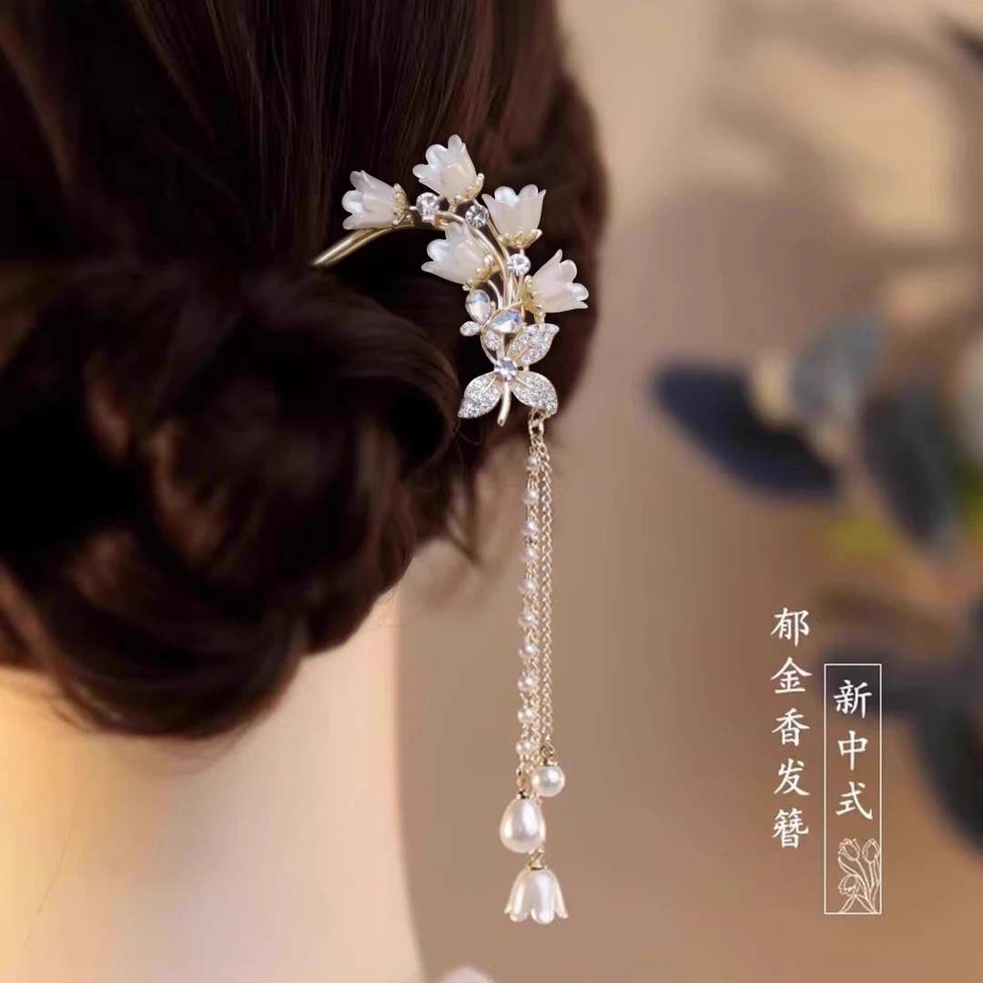 古风铃兰花发夹扭扭夹一字夹U型发簪盘发装饰头饰头夹盘发神器