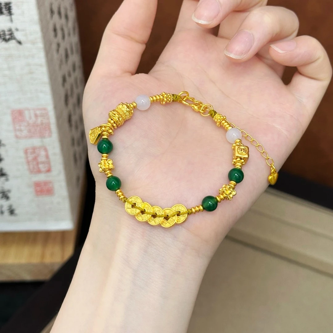 SL2553 碧绿五帝钱盘缠手链 多样性发