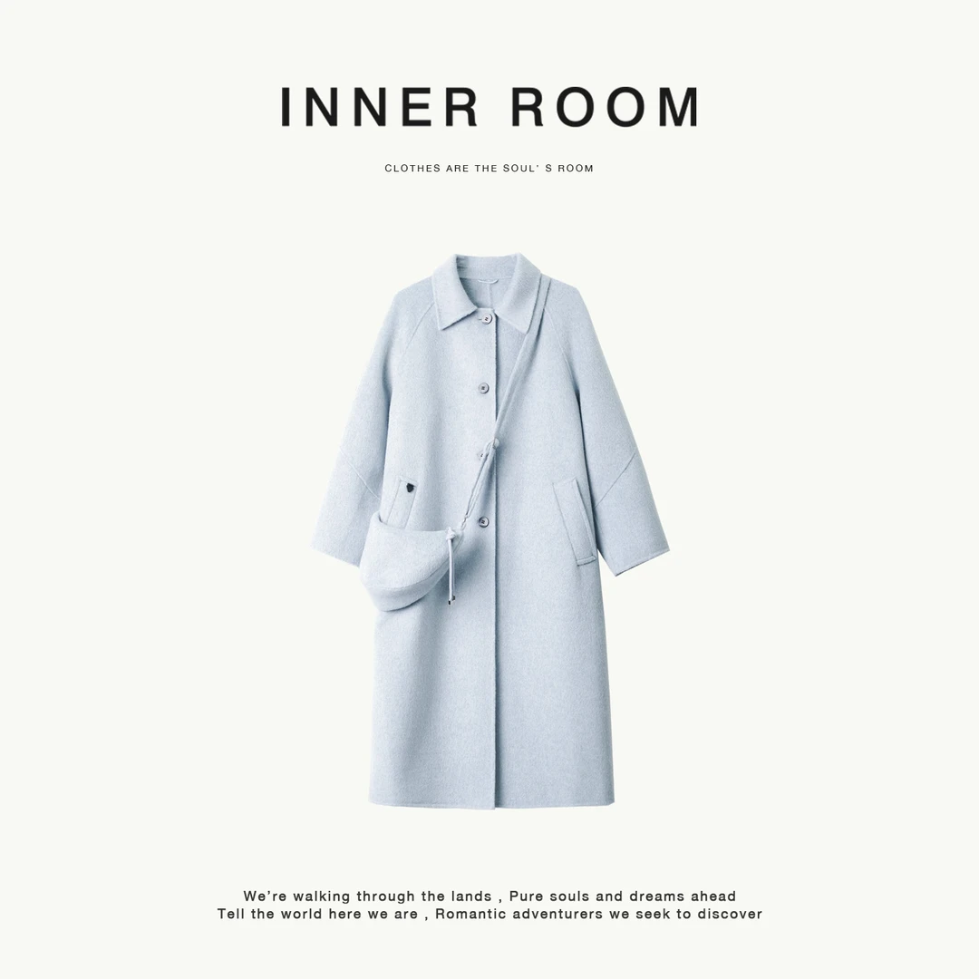 INNER ROOM气质特调蓝绵羊毛双面呢大衣女冬复古休闲翻领毛呢外套