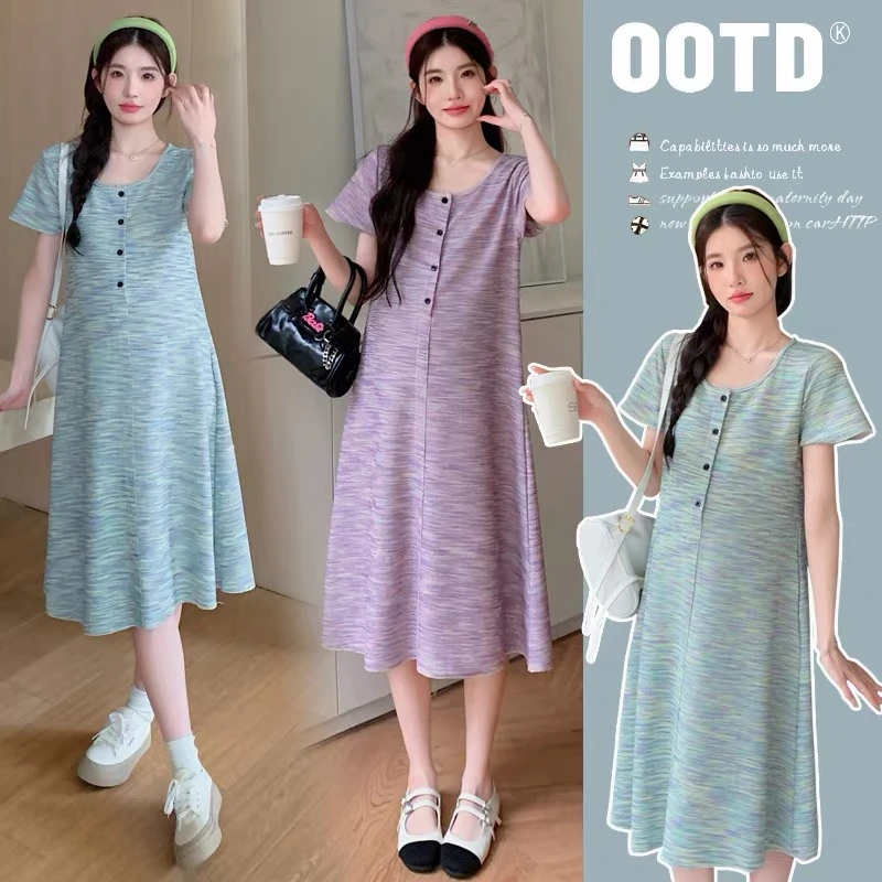 孕妇圆领短袖夏新款彩色渐变色多巴胺开扣可哺乳长裙高质量