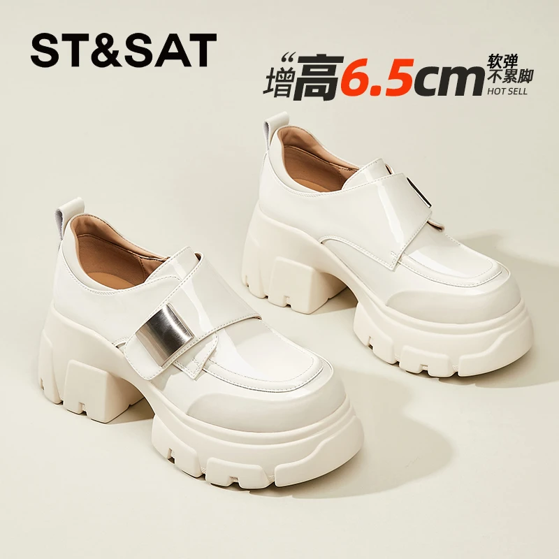 星期六真皮粗跟白色法式小皮鞋女2025秋季新款复古厚底圆头乐福鞋