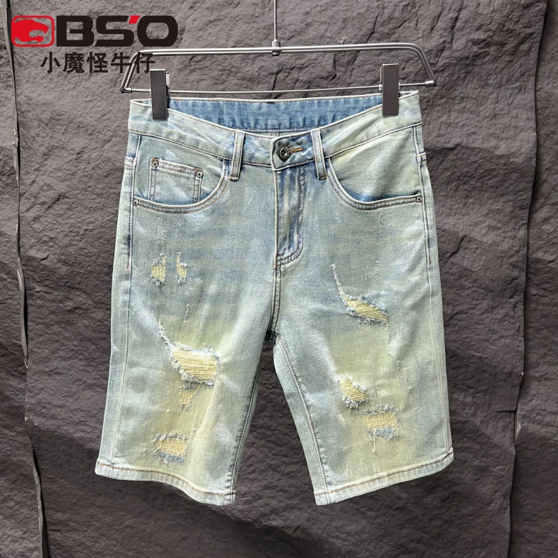 小魔怪破洞牛仔短裤男款五分裤直筒修身2025夏季薄款潮流中裤子男