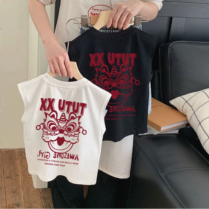 儿童背心纯棉坎肩无袖薄款上衣夏季童装工背外穿国潮舞狮上衣爆款