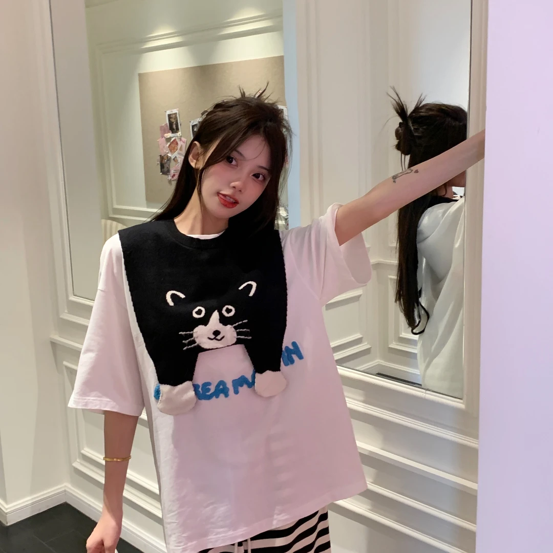 【白鹿同款】Andrea Martin白色猫咪海军领短袖T恤