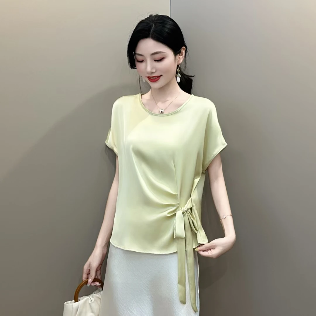 小众圆领薄款衬衫纯色短袖夏不规则宽松褶皱不褪色
