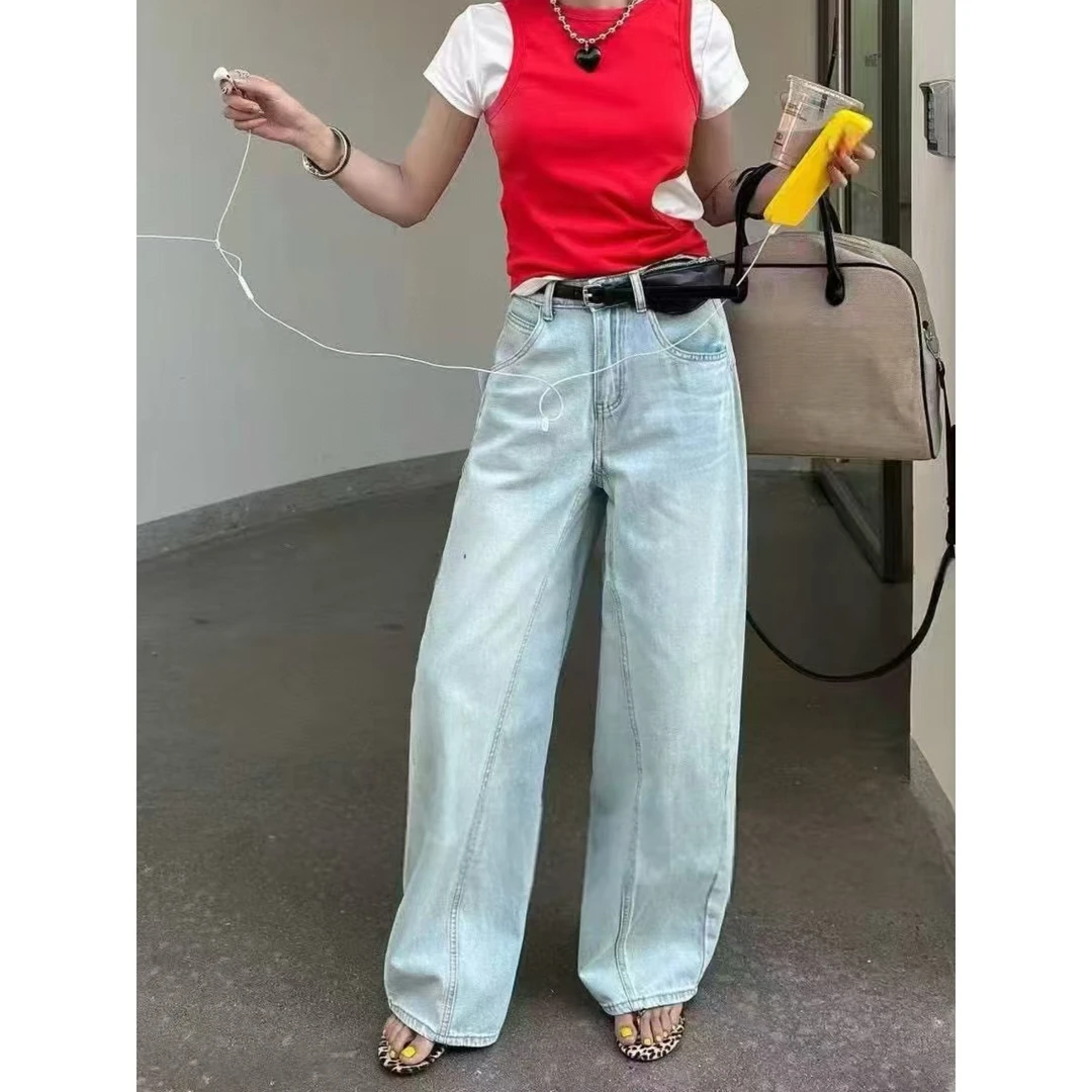凡Fan【慵懒随搭】2025夏季百搭阔腿牛仔裤女立体剪裁设计