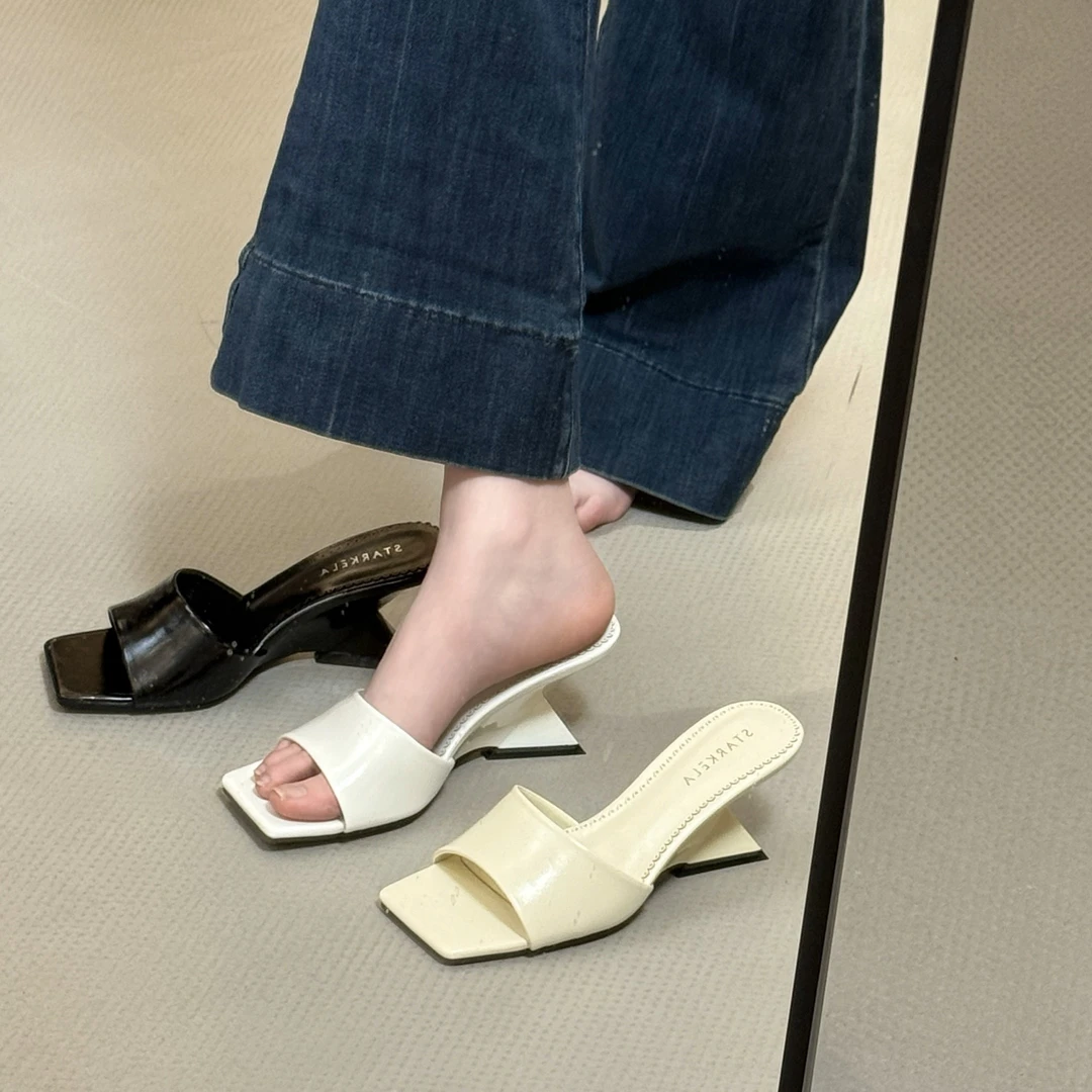 慢西西新品~千金风异形跟方头坡跟夏季新品外穿高跟凉拖鞋一字拖