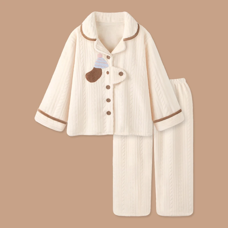 冬季加绒加厚保暖珊瑚绒女生睡衣冬天法兰绒翻领可外穿家居服套装