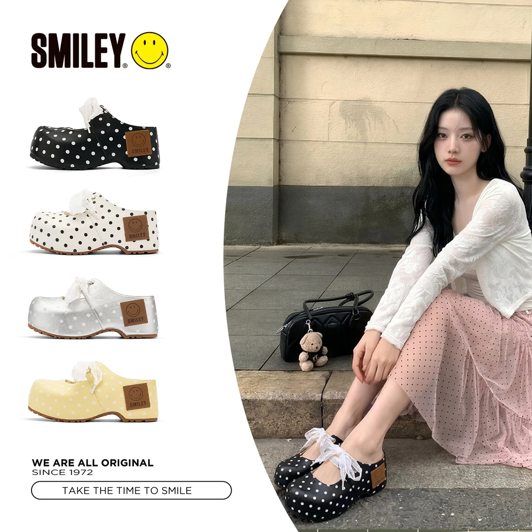 【鞠婧祎同款】SMILEY笑脸厚底半拖增高拖鞋波点镂空蕾丝玛丽珍女鞋