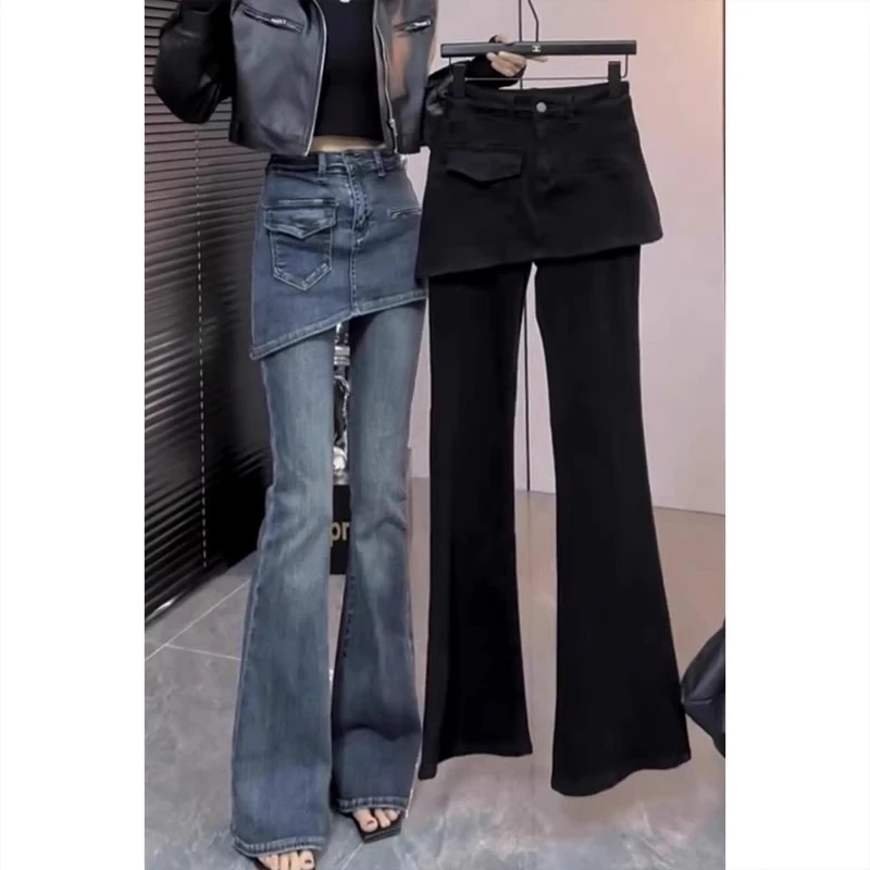 梨形身材微喇裤假两件牛仔裤子女春季新款胖mm显瘦大码阔腿喇叭裤