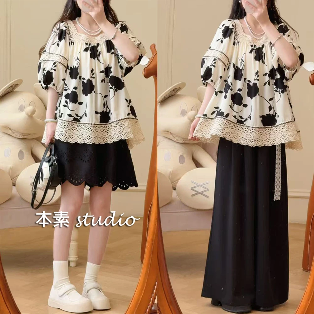 玫瑰剪影MNY2597印花蕾丝拼接方领短袖衬衫