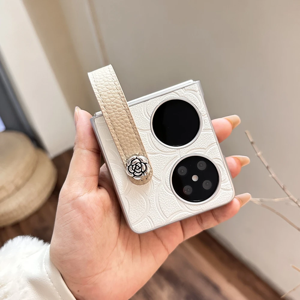 白色皮纹山茶花腕带适用华为Pocket2手机壳折叠屏nova Flip手提女