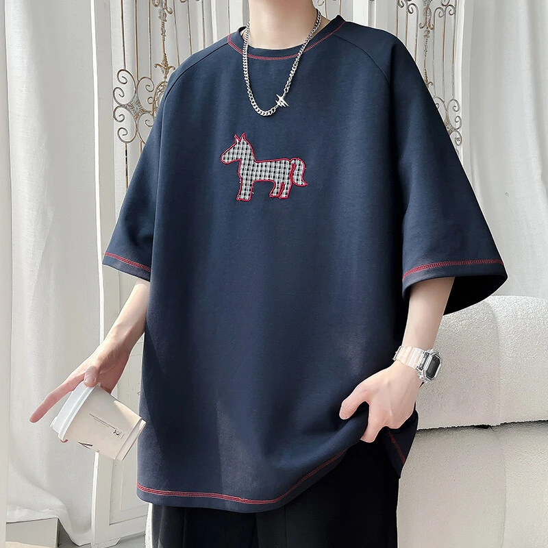 引创短袖T恤男港风2025夏季新款宽松圆领格子刺绣辑明线潮流百搭