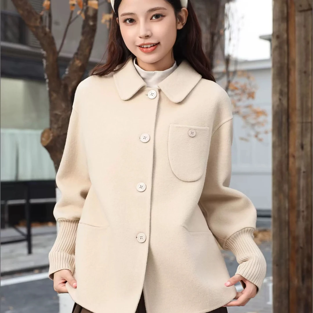 6602双面大衣长袖翻领时尚双面毛宽松中长款韩版气质毛呢秋冬百搭