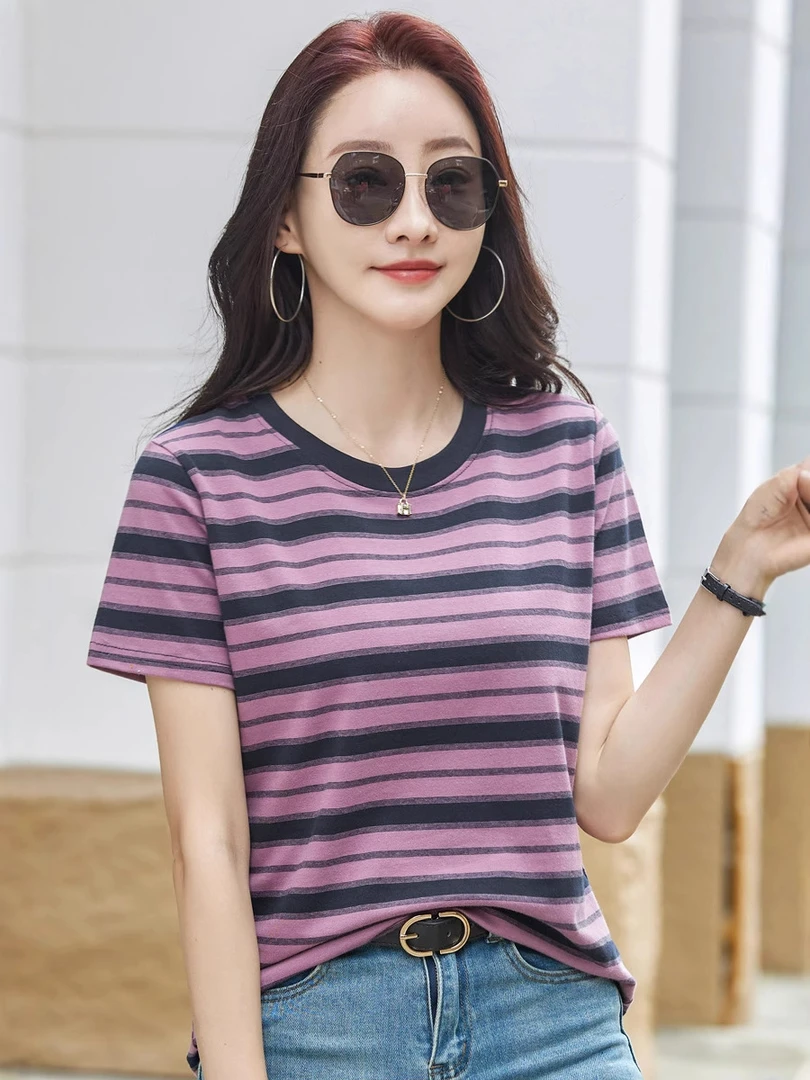 【经典爆款】2025夏季新款时尚洋气减龄显瘦圆领短袖棉独特漂亮小衫