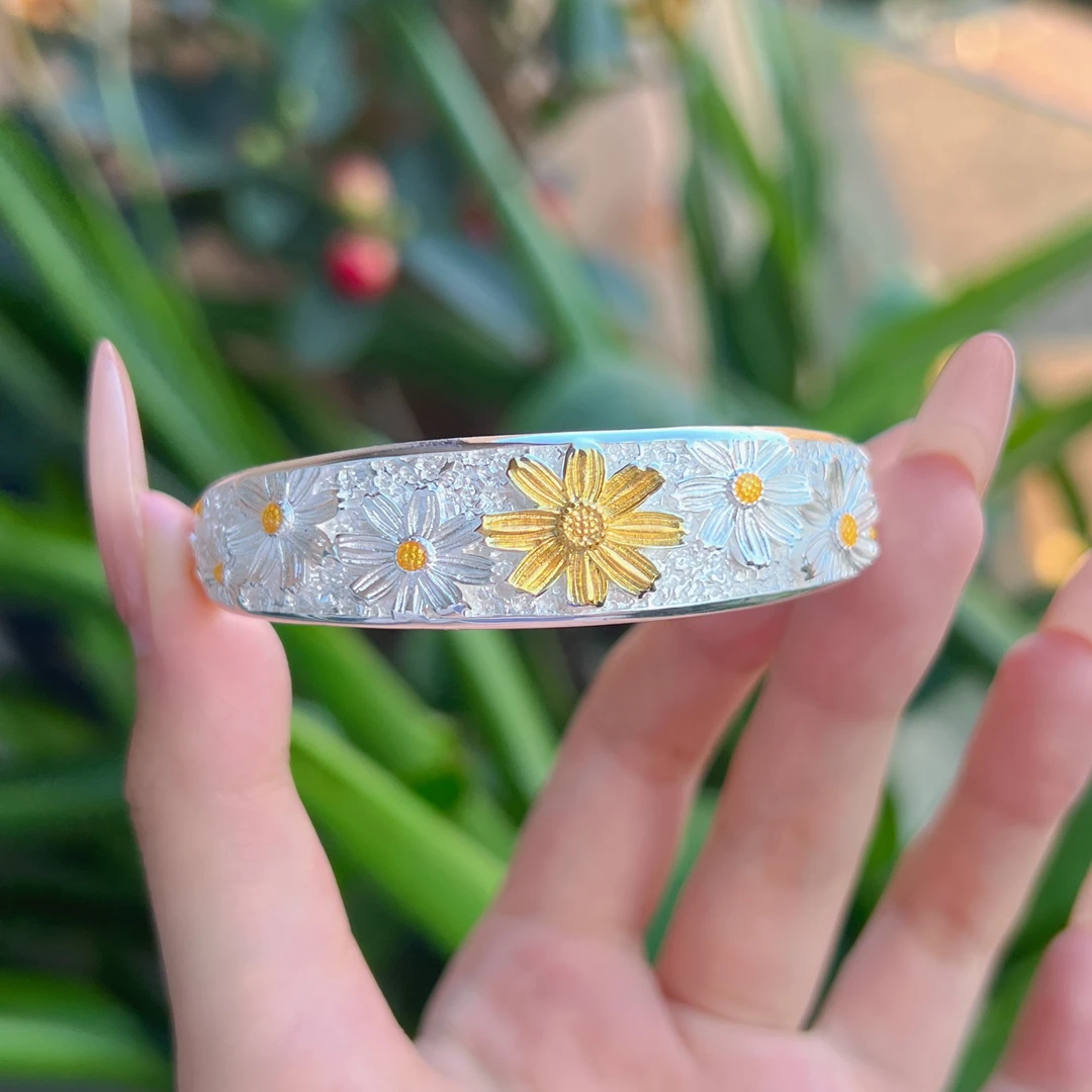 泰光银楼 足银手镯 阿海设计足银999格桑花小蛮腰手镯气质女款