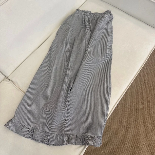 【张小九】韩版显瘦百搭松紧腰条纹拼接休闲阔腿裤女Z9946