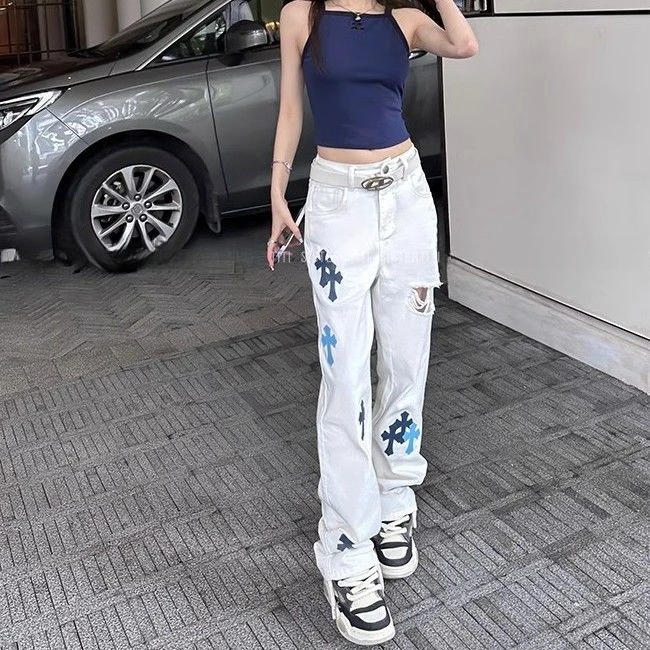 美式克罗假日十字皮标宽松破洞白色直筒牛仔裤女男薄款显瘦长裤潮
