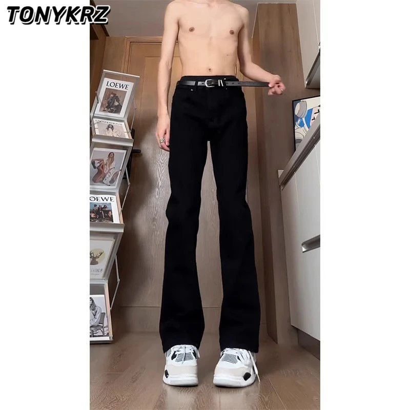 TONYKRZ黑色弯刀牛仔裤男修身显瘦裤子美式高街vibe直筒微喇长裤
