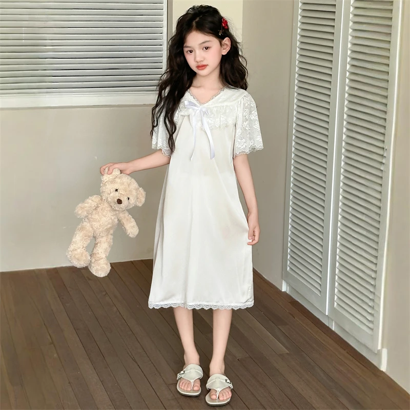 女童高端冰丝睡裙2025新款儿童夏季薄款蕾丝睡衣裙女孩公主风睡衣