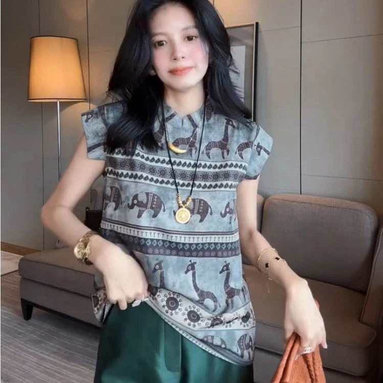 时尚印花背心夏季新款洋气百搭减龄衬衫女装外穿休闲气质韩版上衣