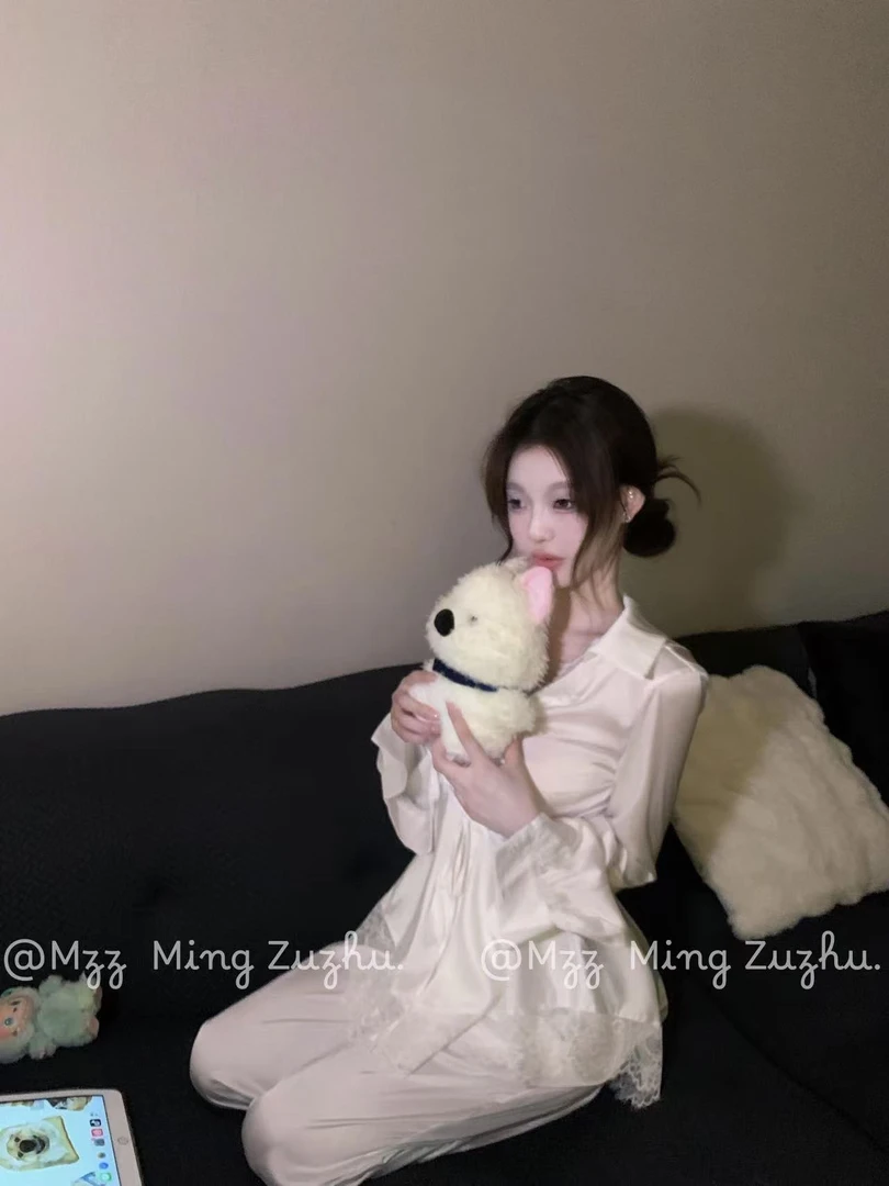 2025新款性感纯欲风睡衣女春秋季蕾丝花边衬衫长袖长裤家居服套装