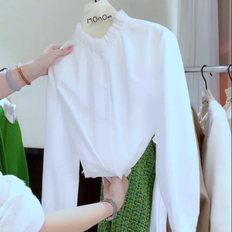 白色长袖衬衫女2025秋季新款韩版简约上衣宽松洋气减龄灯笼袖衬衣
