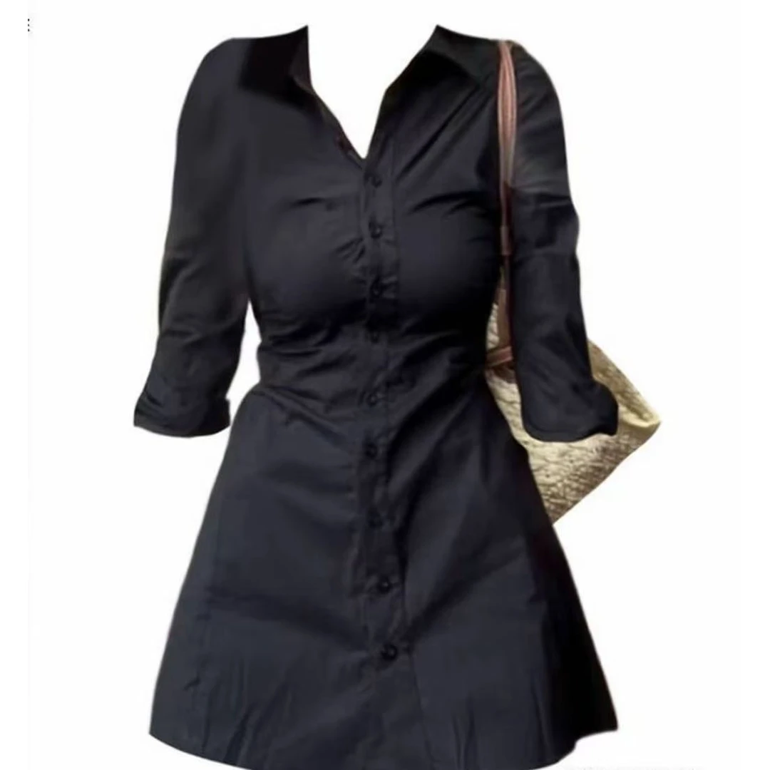 （小不点）大码胖mm设计感修身收腰显瘦褶皱翻领衬衫连衣裙女2935