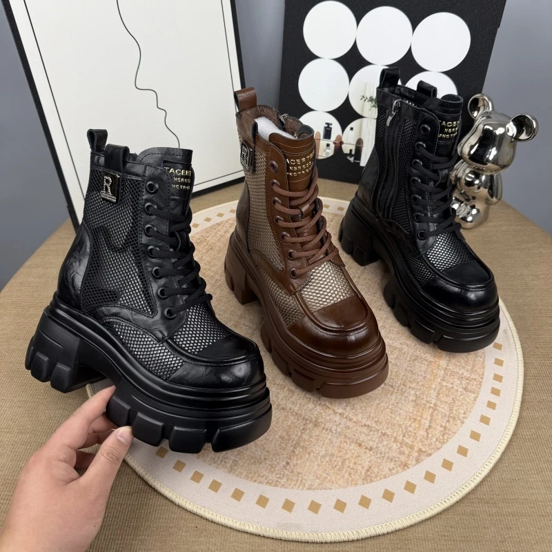 网纱马丁靴女小个子厚底增高7cm短靴春夏高跟显腿长透气中筒靴女