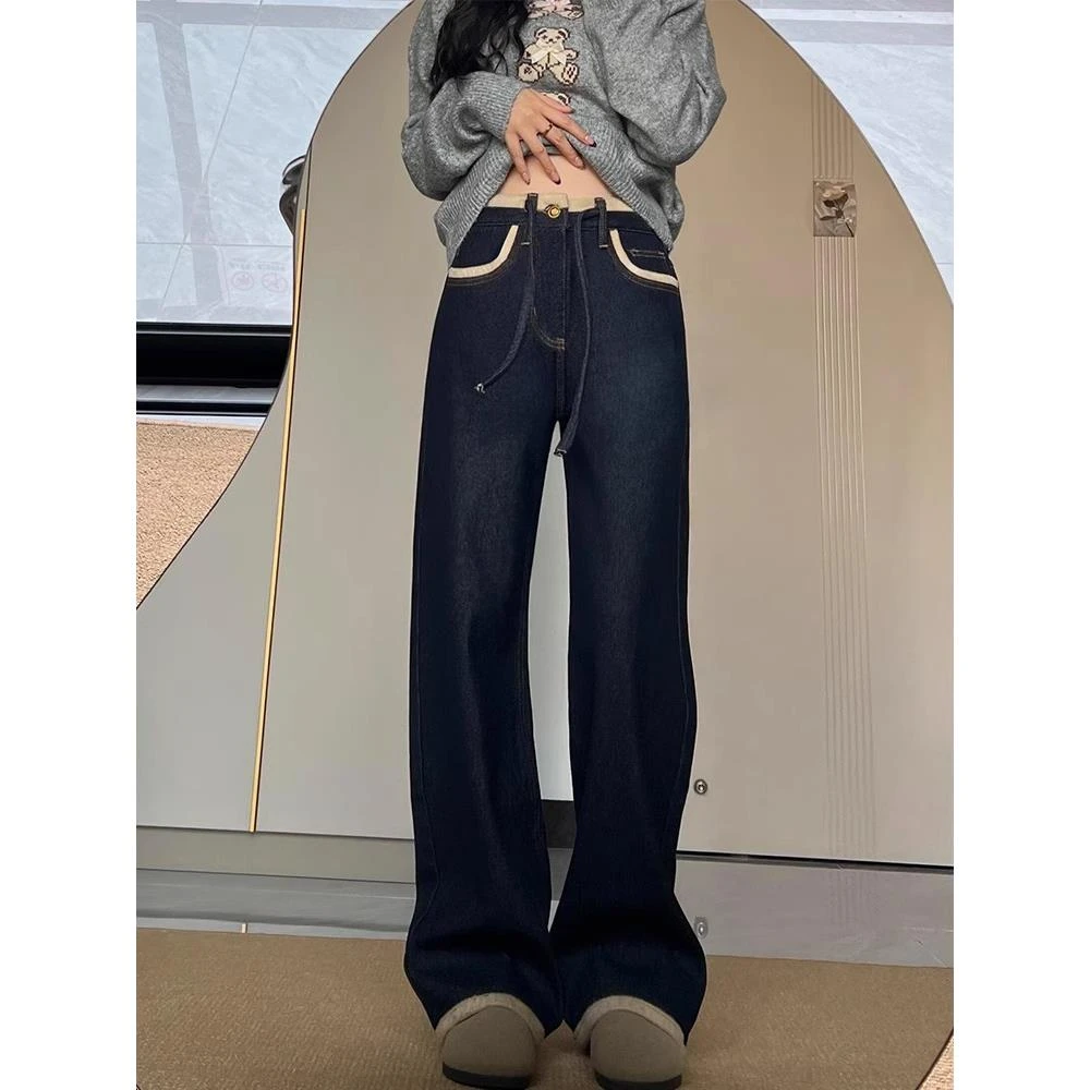 天鹅绒和加厚的深蓝色直筒牛仔裤为妇女冬冬季翻边加绒直筒弯刀裤