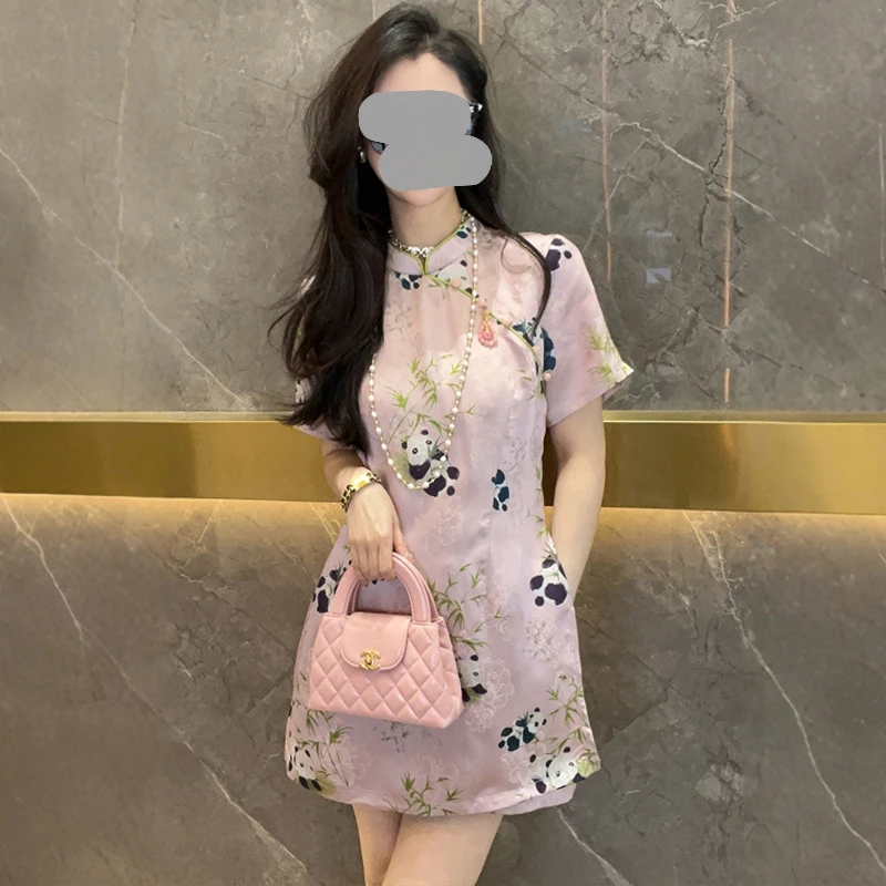 2025夏季新款小众不撞款独特超好看新中式粉色熊猫印花两件套女