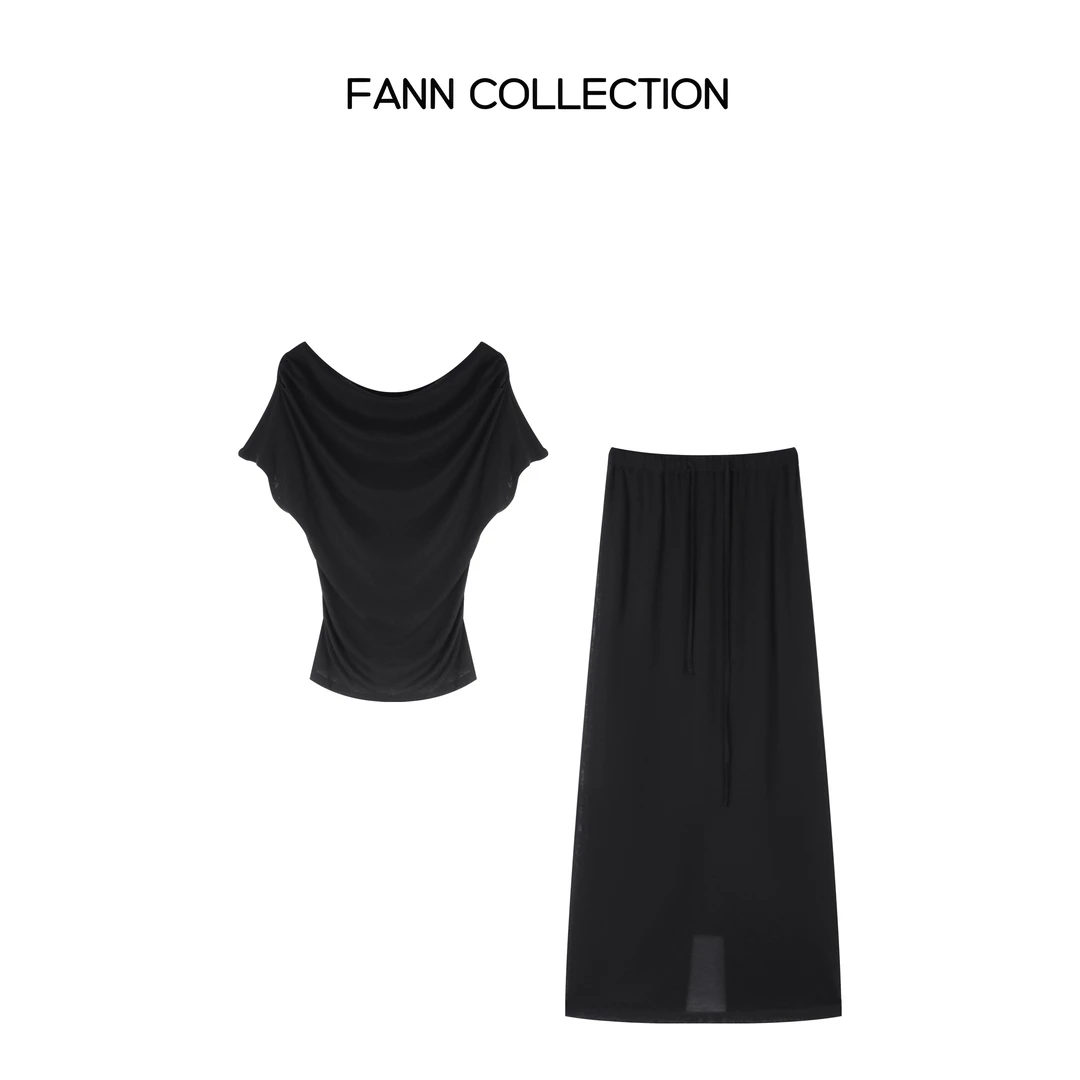 饭饭FANN COLLECTION 乐章 荡领T恤后开杈半身裙套装FANNE036
