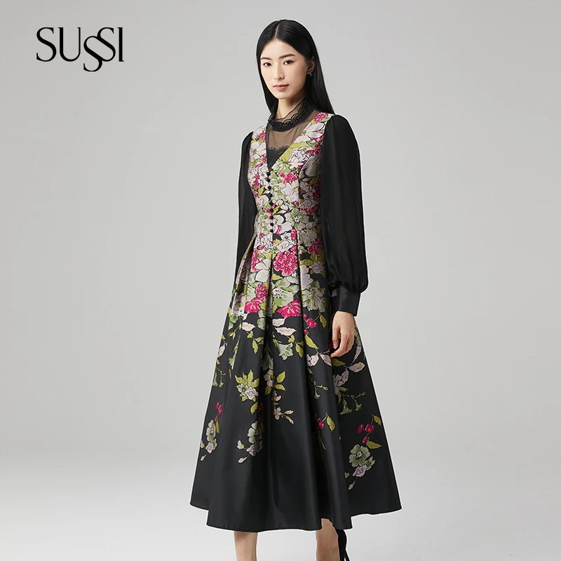 SUSSI古色丨“牡丹绣’中式美学黑底红花马夹裙经典X型连衣裙女