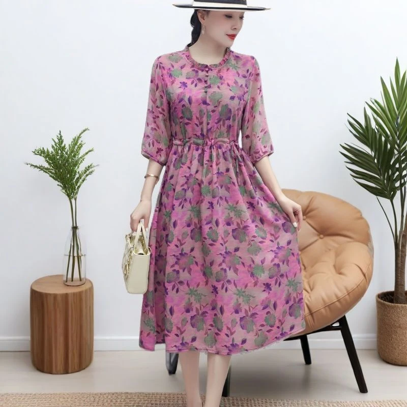 【凤尚精选】时尚气质显瘦宽松连衣裙系带收腰显瘦遮肚中长款连衣裙