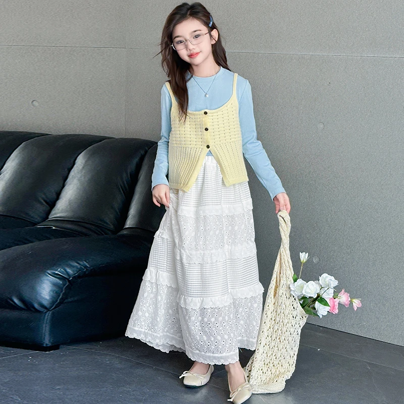 女童春装套装2025新款中大童甜美小女孩洋气时尚花边裙背心两件套