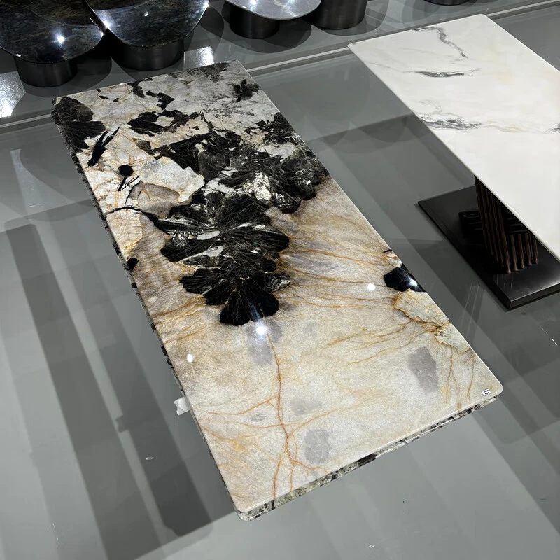 黑金潘多拉奢石餐桌意式轻奢老矿大晶体长方形天然大理石餐桌