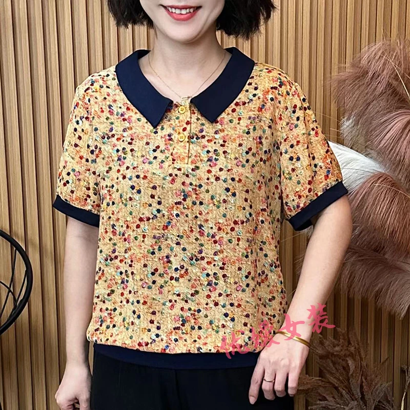 中老年女装夏季减龄翻领点点薄款休闲宽松显瘦洋气妈妈装短袖上衣