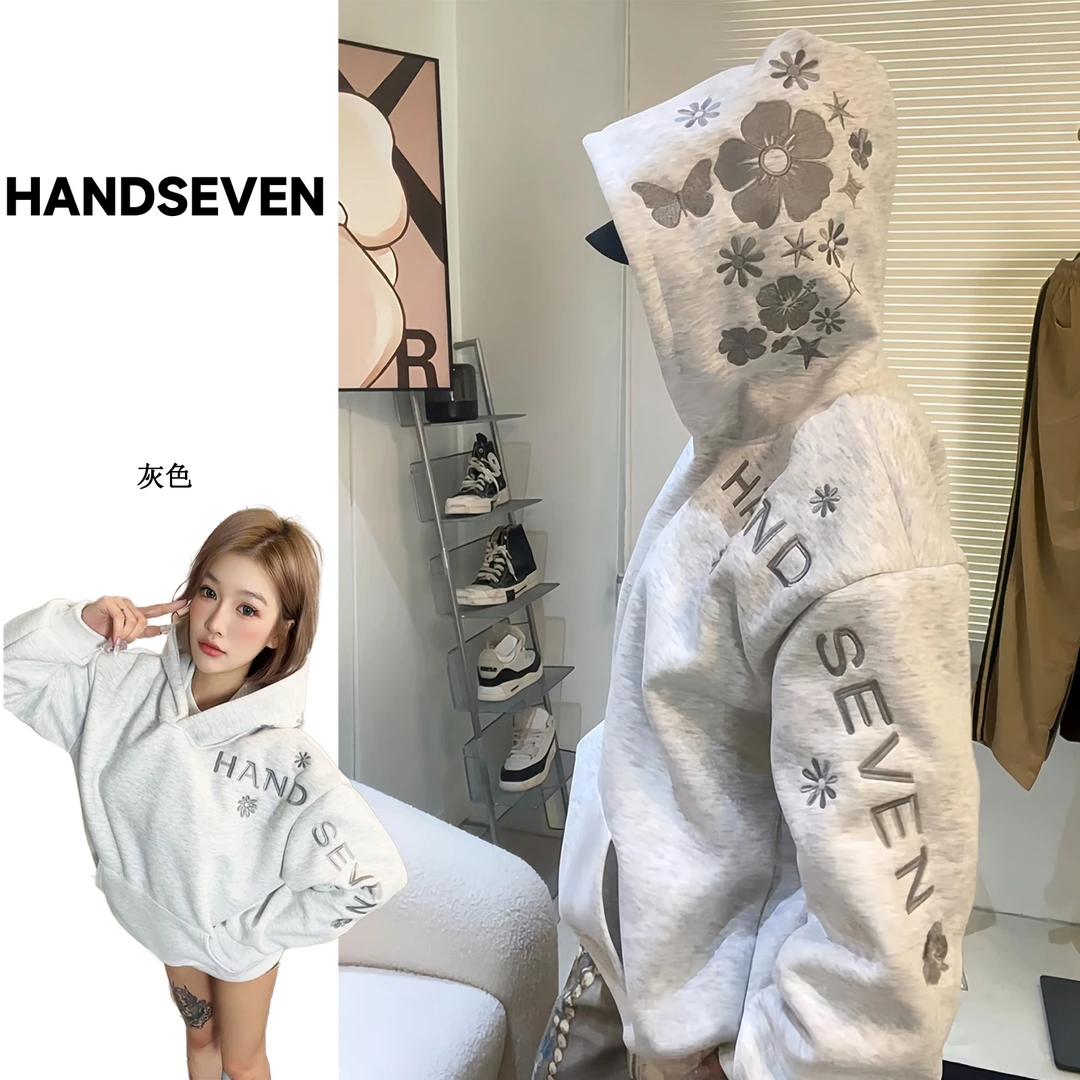 HandSeven秋冬卫衣重磅花卉刺绣连帽卫衣推荐宽松百搭加绒卫衣ins