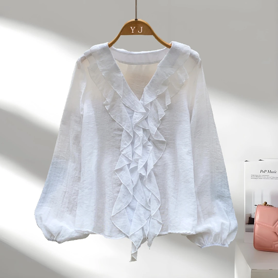 法式温柔风V领木耳边灯笼袖衬衫女宽松气质别致上衣洋气衣服女