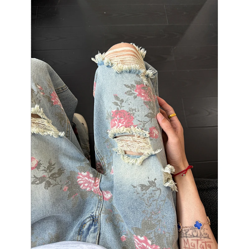 美式高街花卉破洞牛仔裤男夏季薄款小众设计感裤子直筒微喇休闲裤