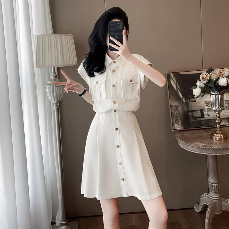 大方得体短袖连衣裙女2025新款夏季酷飒气质港风时尚收腰白色裙子