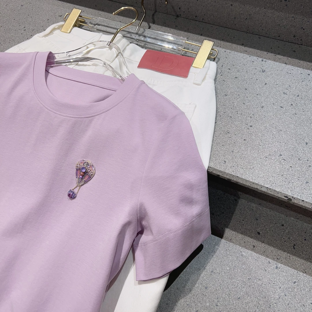 M1350新款钉珠紫色热气球百搭纯色紫短袖T恤衣长57款号UF51355