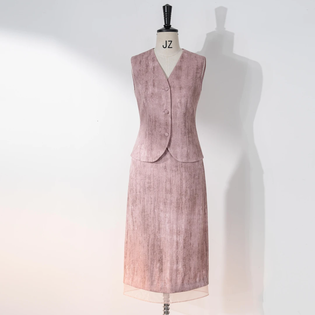 西子/【温柔一刻】亚麻棉天丝炒色印花网纱拼接雾粉色套装/MJBH1560