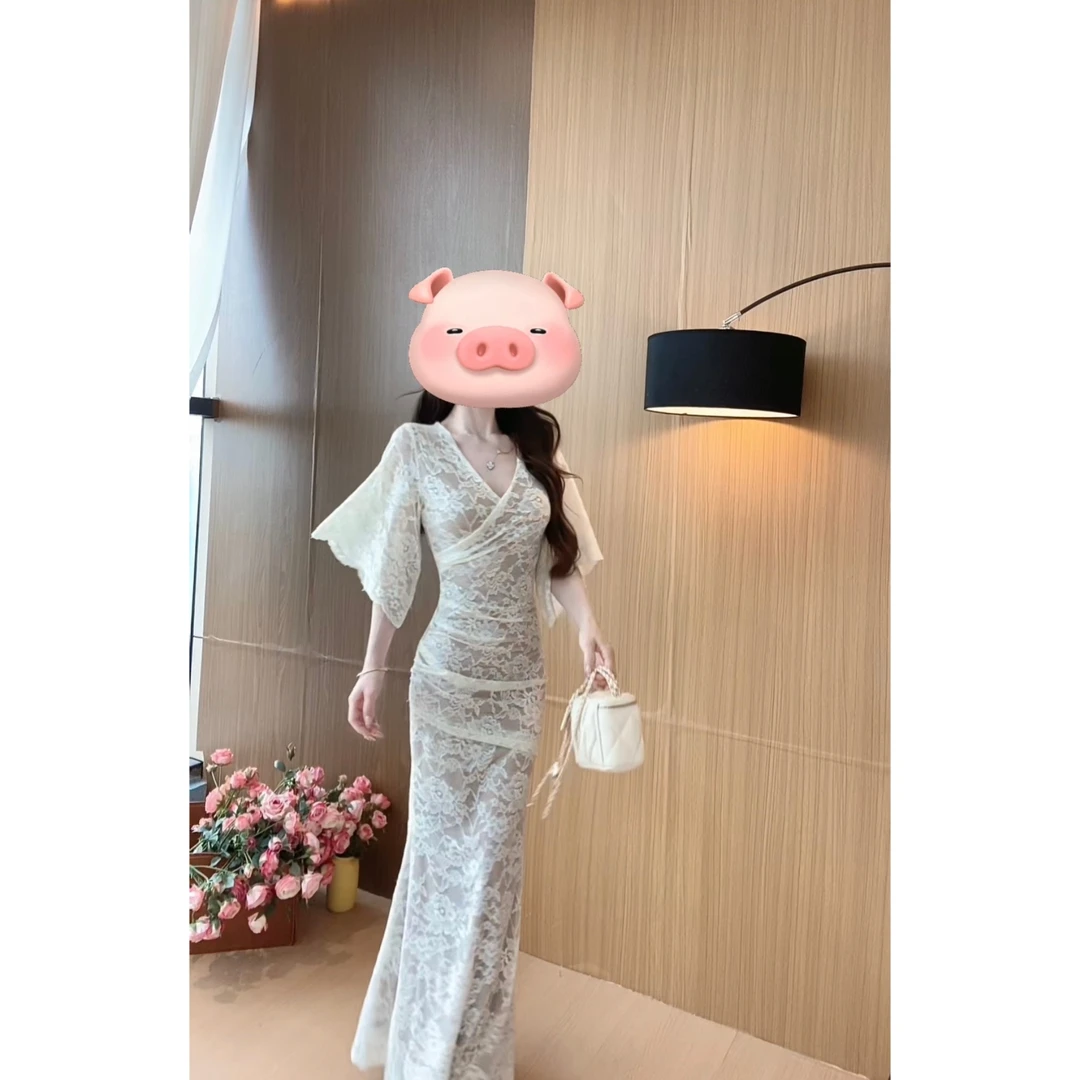 蕾丝拼接气质时尚双层收腰连衣裙设计感蕾丝长裙